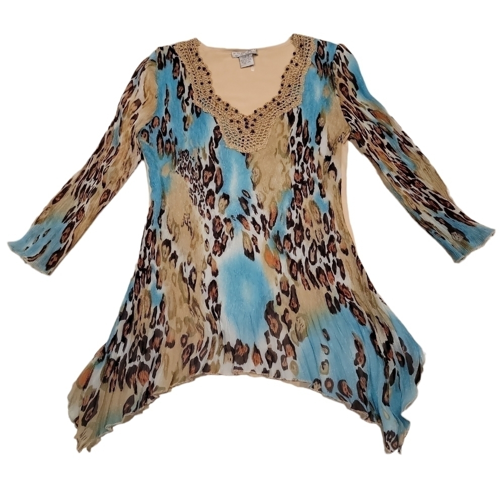 ALBERTO MAKALI CROCHET, BEADED, CRINKLED ANIMAL PRINT BLOUSE